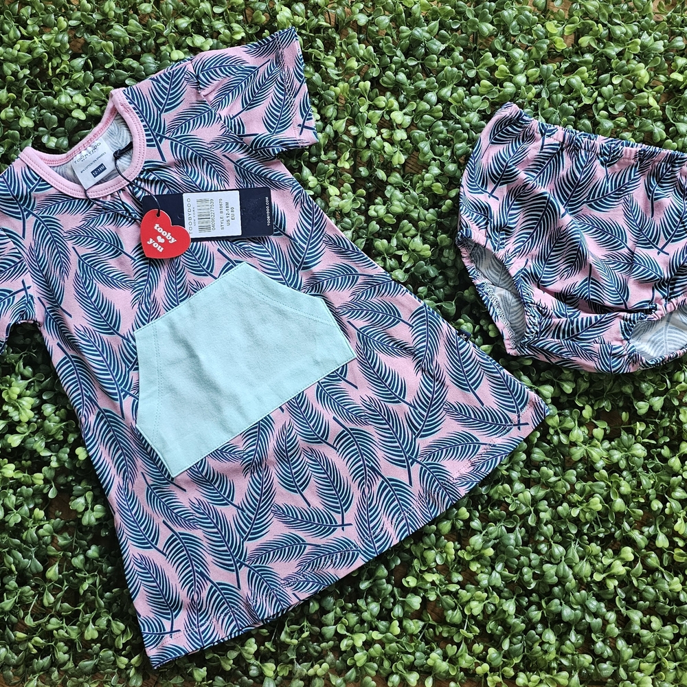 Toobydoo Pink and Blue Leaf Print Kids Dress